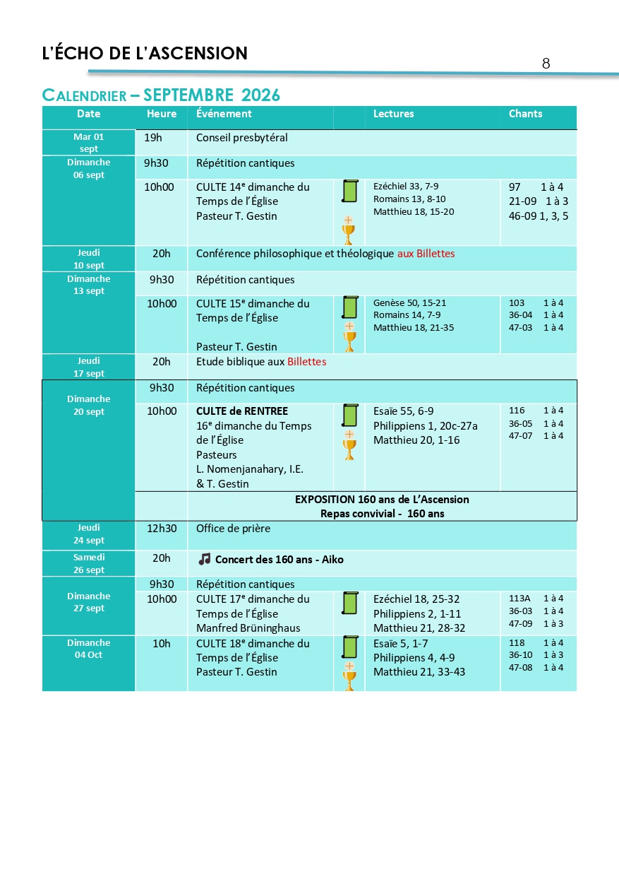 Eglise de L'Ascension - Agenda - Septembre 2026